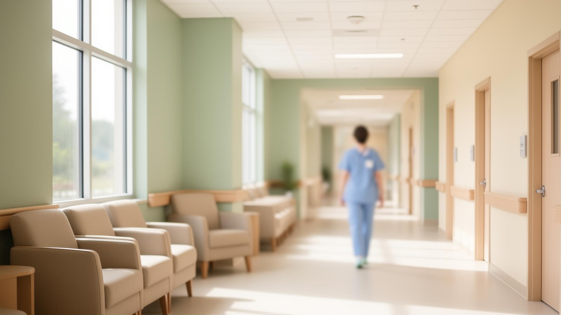 Calm, light-filled behavioral health hospital hallway with comfortable seating